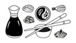 Japanese sushi and soy sauce set in hand drawn doodle style. Asian food for restaurants menu