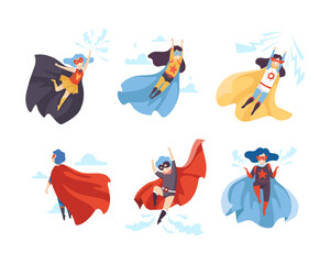 Canvas Print - Little Boy and Girl in Superhero Cloak and Mask Having Superpower Flying Vector Set