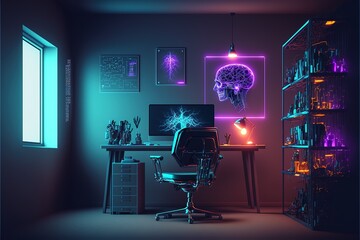 Dark neon cyber room, office data processing and database control center. Neon Interior Brain Cyber space. AI