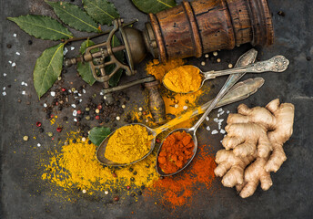 Poster - Spices curry powder, turmeric, ginger, bay leaf. Food background