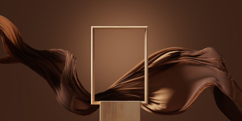 3d display podium, brown background with wood frame pedestal and flying silk cloth curtain. nature w