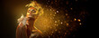 © Subbotina Anna - High Fashion model woman with bright golden sparkles on skin, fantasy flower, portrait of beautiful girl glowing make-up. Art design gold dust sequins make up. Glitter glowing golden skin, jewellery