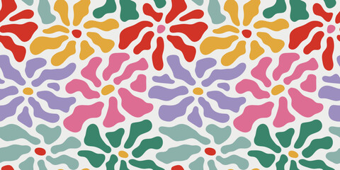 Colorful vintage flower art seamless pattern illustration. Organic hand drawn floral garden background with psychedelic style nature collage. Trendy spring print of abstract retro flowers.