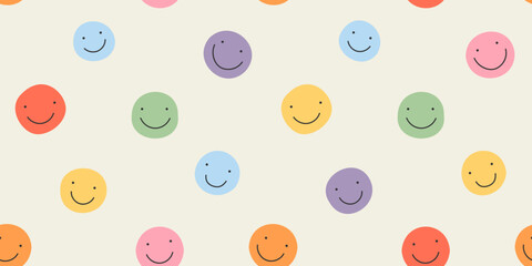 Fototapete - Diverse colorful happy face seamless pattern illustration. Multi color rainbow cartoon character faces in funny children doodle style. Friendly community or kid group background concept.