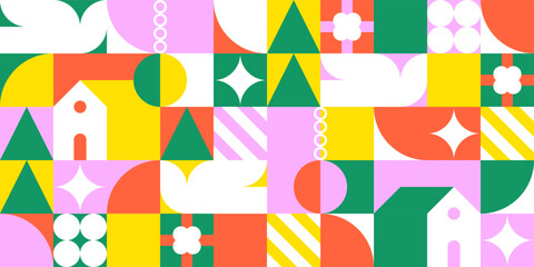 Festive geometric mosaic seamless pattern illustration with colorful abstract shapes. Christmas season background print. Scandinavian minimalist shape texture, retro geometry collage.