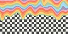 Retro Rainbow Dripping On Black And White Checkered Background. Trendy Distorted Colorful Texture In Vintage Y2k Style. Psychedelic Hippie Pattern, Trippy Acid Poster.