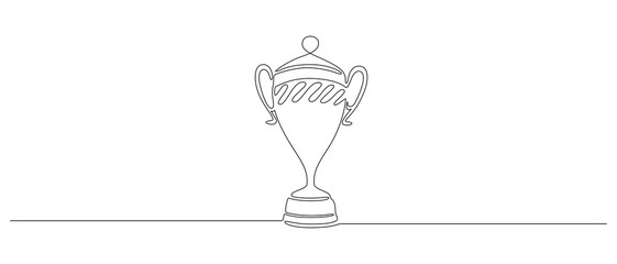 One continuous line drawing of winning golden trophy. Icon symbol of champion achievement in simple linear style. Outline concept for best teamwork editable stroke. Doodle vector illustration