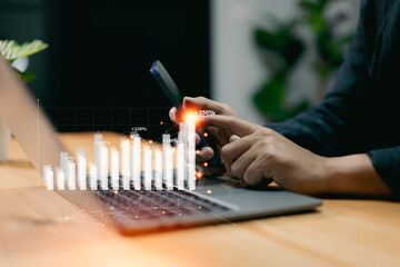 Poster - Stock market investment Financial and banking technology. Business strategy and digital marketing concepts. A businessman analyzes economic growth graphs and financial data on his smartphone.