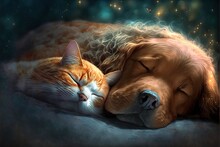 A Dog And A Cat Sleeping In A Cute And Caring Way, Showing Real Love Between The Pets