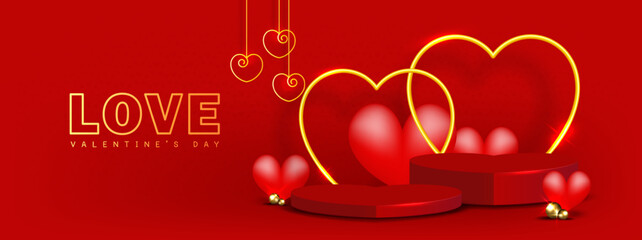 Valentine's Day banner with Red heart podium, gold metal heart shapes, and hearts balloon on Red background. Stage platform design for product display on Valentine' day. Vector illustration.