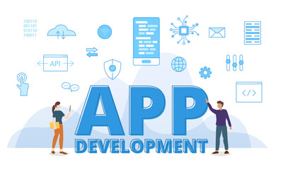 app development concept with big words and people surrounded by related icon spreading with modern blue color style