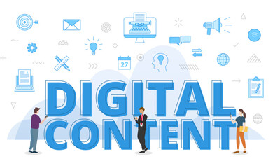Wall Mural - digital content concept with big words and people surrounded by related icon spreading with modern b
