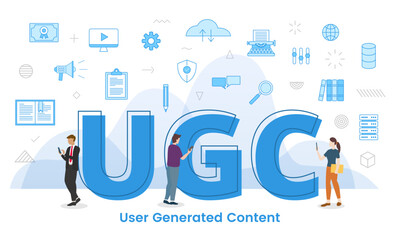 Wall Mural - ugc concept with big words and people surrounded by related icon spreading with modern blue color st