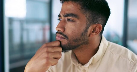 Computer, thinking or programmer man with computer for cybersecurity, app coding or data analysis in office. Planning, digital or employee study NFT software code, programming or data analytics.