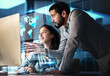 © C Malambo/peopleimages.com - Global network, technology and team with computer for stock trading, cryptocurrency and data analytics. International business, finance and collaboration of man and woman in meeting with 3d hologram