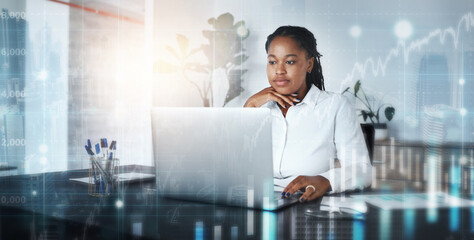 Aufkleber - Woman, laptop or futuristic finance chart in investment management, stock market trading or insurance innovation. Thinking financial worker, 3d growth abstract or technology analytics of company goal