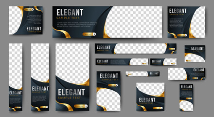 black and gold banner templates set with standard size for web. business banner with place for photo