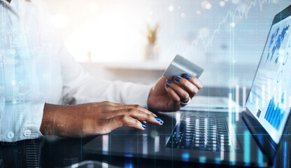 Aufkleber - Hands, credit card and abstract laptop finance for black woman in stock market trading, investment management or global insurance accounting. Zoom, financial worker and technology 3d chart on fintech