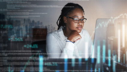 Wall Mural - Data, hologram and black woman doing research on laptop for fintech, cryptocurrency and stock trading online. Futuristic technology, cyber network and female worker with finance chart for business