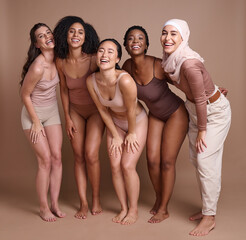 Diversity, women and beauty in studio for self love, global community and support, wellness and healthy skincare. Portrait, female and happy models, body positive group and inclusion with solidarity
