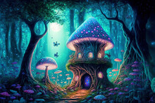 Fairy Houses In Fantasy Forest With Glowing Mushrooms. Digital Artwork