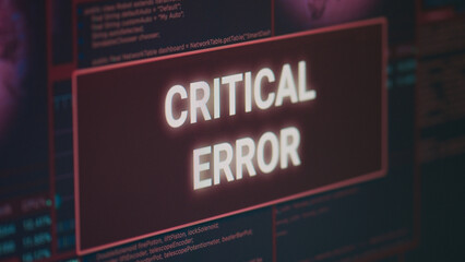Security breach warning on computer showing critical error message flashing on screen, dealing with computer malfunction and malware. System crash and hacking attack alert. Close up.