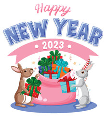 Poster - Happy New Year text with cute rabbit for banner design