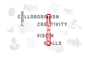 Wall Mural - teamwork concept. illustration with text and icons, crossword puzzle on a white background