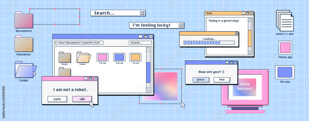 Personal computer screen with old software windows open on desktop ...