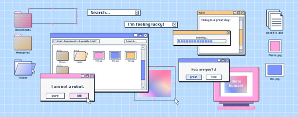 Personal computer screen with old software windows open on desktop. Vector illustration of folder, file, document thumbnails, loading progress bar and pop-up notifications. Retro user interface design