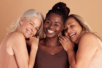 Beauty, diversity and portrait of women with self love, happy and positive mindset in studio. Support, feminism and group of friends with woman empowerment, pride and community by brown background.