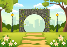 Portal With Summer Landscape Stone Arch Entrance To Public Park, Green Grass Or Garden In Flat Cartoon Hand Drawn Template Illustration