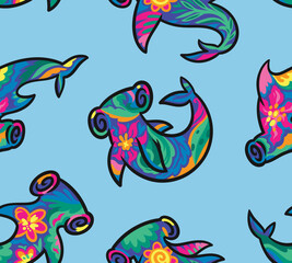 Wall Mural - Seamless pattern with floral hammerhead sharks isolated on blue background