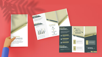 Canvas Print - 3D Render Of Human Hand Holding Tri-Fold Brochure Mockup With Showing Interior Information On Coral Background.