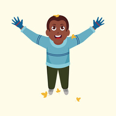 Sticker - Cheerful Boy Raising Arms With Enjoy Falling Leaves On Light Yellow Background.