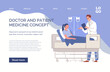 Stationary treatment. Patient lies on medical bed under dropper in hospital ward during doctor's visit. Website, template, landing page. Vector characters flat cartoon illustration.
