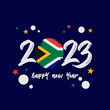 Happy New 2023 Year with flag of South Africa. Suitable for greeting card  poster and banner