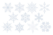 Set Of Snowflake Decoration Realistic Illustrations. Christmas Holidays, New Year Design Elements For Background, Banner, Border, Greeting Card. Gray Silver Line Drawing On Transparent Background. PNG