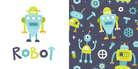 Wall Mural - cute pattern with silly robots for kids. funny seamless vector print set for baby textile and appare