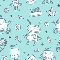 Wall Mural - cute doodle robot pattern. seamless outline blue vector print for baby textile and apparel.