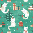 Hand drawn seamless christmas pattern with cats and gift boxes