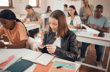 Canvas Print - Education, phone and student texting in a classroom, social media and internet addiction with hologram. School, girl and smartphone with double exposure in a class, distracted, reading and online