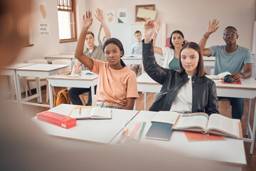 Wall Mural - classroom, education question or students hands for exam learning questions, university help or coll