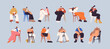 Young people sitting on chairs set. Men, women posing on seats in diverse positions, postures in modern style. Happy relaxed characters models leaning on stools. Isolated flat vector illustration