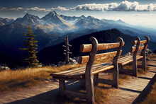 Fully Wooden Empty Bench In Mountain Stands At Cliff
