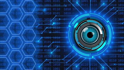 Future technology concept - magic eye in HUD elements - information connecting lines and honeycomb on 4-digits binary code background - 3D Illustration