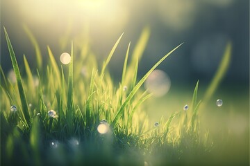 Wall Mural - Abstract spring background or summer background with fresh foggy grass in the morning sun light. Summer grass background.