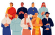 © Paper Trident - People of different religious culture. World religion diversity concept. Christian, Muslim, Buddhist, Rabbi portrait. Various holy clergy. Flat graphic vector illustration isolated on white background