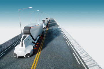 Wall Mural - Unmanned autonomous cargo transportation. An autonomous, electric, self-driving truck moves along the road. Fast cargo delivery, transportation without drivers. 3D render, 3D illustration.