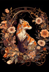 Sticker - Red fox and a bird. AI generated art illustration.